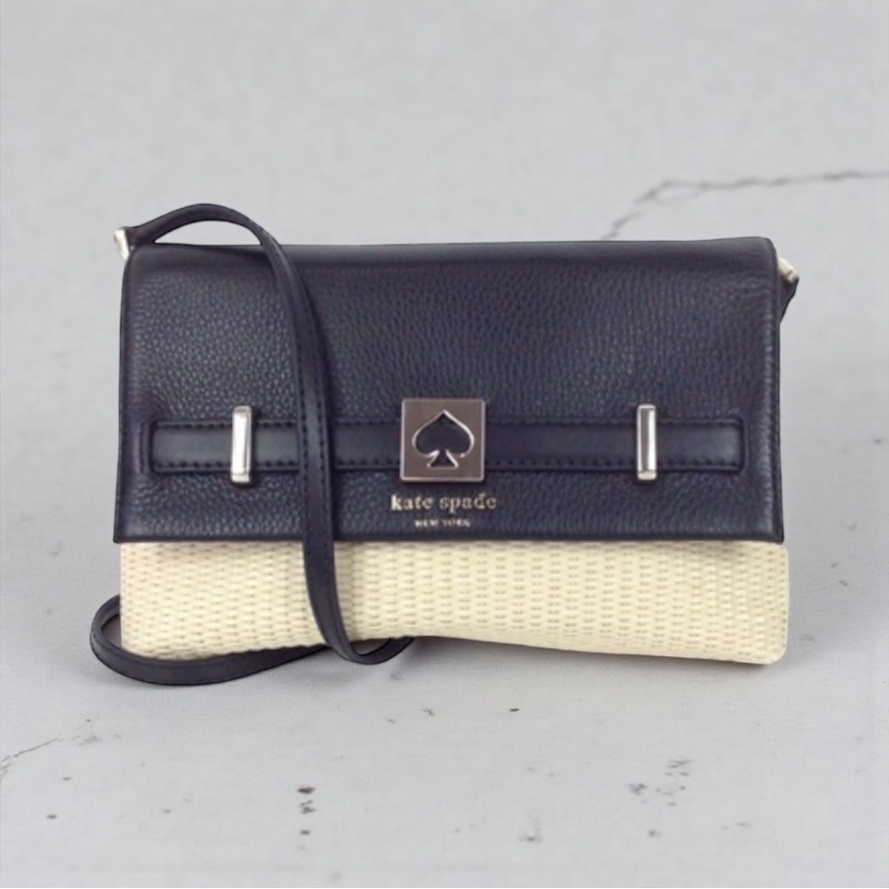 Kate Spade Houston Street Loula Straw Crossbody Black Leather Trim Flap Bag